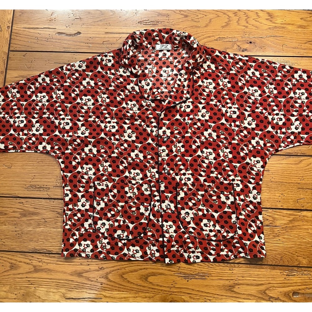 PL Red Floral Button Up Short Sleeve Shirt Camp Collar Boxy Fit Small/Medium